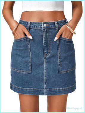 High Waist Stretch Mini Jean Skirt with Pockets